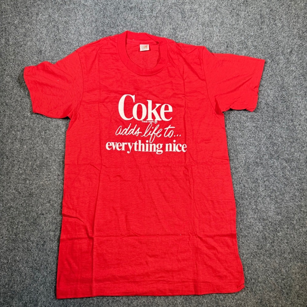 Vintage Coca-Cola Single Stitch Graphic T-Shirt Mens Small Red Made in USA Coke